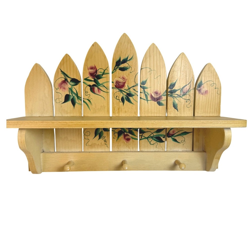Vintage Hand Painted Wood Picket Fence Wall Shelf Pink Roses 3 Peg Rack 15in